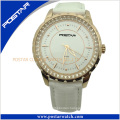 Jewelry High Quality Stainless Steel Leather Watch with IP Gold Plating